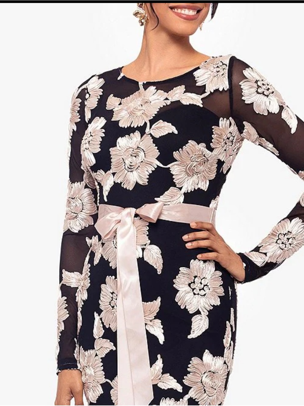 Betsy & Adam Black Long-Sleeve Gown with Ivory Floral Appliqué - Picture 4 of 9